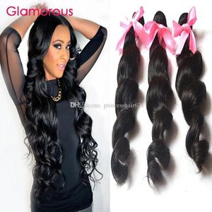 Wefts Glamorous 3 Pacotes Virgem Extensões de Cabelo Malaio Onda Solta Real Cabelo Humano Brasileiro Indiano Peruano Ondulado Remy Trama de Cabelo Whol