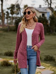 Kvinnors långa tröja Cardigan Autumn Winter Fashion Borsted Pit Stripe Overdimensionerad V-ringning Lös stickad jacka toppar kvinnliga rockar 240103