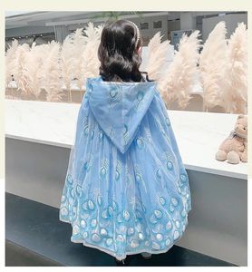 Girl Dresses Peacock Princess Hooded Cloaks Party Costume Tulle Cape Halloween Dress Up Mantle For Performance Outer Girl's Cosplay Shawl