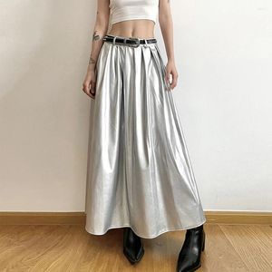 Skirts 2024 Long Pleated Silver Skirt VD4376 Women Sexy Gothic Punk