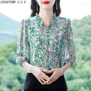 Damenblusen, grünes Blumen-Chiffon-Hemd, Frühling, Herbst, Sommer, Mutterbluse, schöne Tops mit sieben Punkten und Ärmeln, fein, elegant