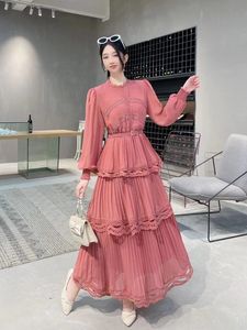 2024SS Ny Elegant Long Dress Woman Lantern Sleeve Ruffles Chiffon Patchwork Runway Vestidos Lady Party Maxi Dress Female Spring 210325