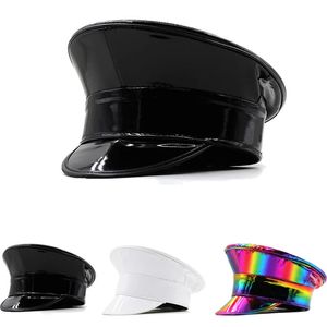 Wmen PU Couro Chapéu Militar Homens Rainbow Laser Patente PVC Capitão Cap Prom Performance Bar Cosplay Show Boina Legal 240103