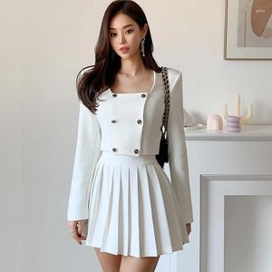Work Dresses High Quality Korean Two Piece Sets Women Square Collar Long Sleeve Coat Crop Tops Pleated Mini Skirt Office Lady Suit