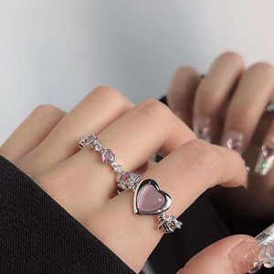 Klusterringar 2024 Korean Sweet Pink Zircon Heart Open Ring For Women Luxury Crystal Justerbar Finger Wedding Jewelry Birthday Present