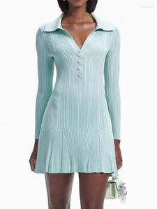 Casual Dresses 2024 Fashion Mint Green Sticked Mini Dress Women Elegant Temperament Polo Collar Elastic Waist Short Robe Ladies