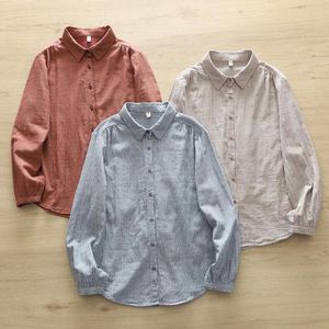 Blusas femininas camisas de fio de algodão jovem mulher primavera japão moda manga longa listrada camisa base