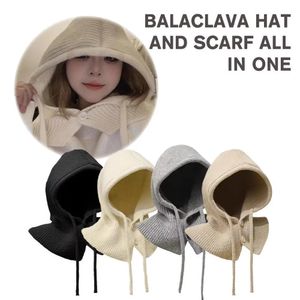 Chapéu de malha com capuz à prova de vento inverno balaclava pescoço proteger chapéu e cachecol conjunto pulôver bonés pescoço colar gorros bonés 240102