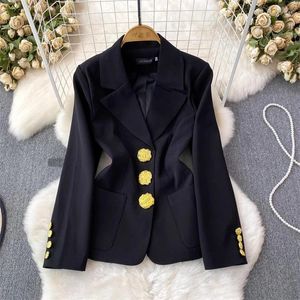 Damenanzüge Frühling Herbst Frauen Koreanische Schwarze Blazer Mantel Kerbkragen Langarm Große Tasche Einreiher Lässige Damen Anzugjacke