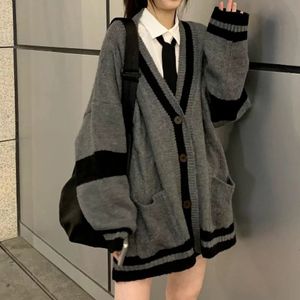 Deeptown Grey Striped Knitted Sweater Cardigan Women Korean Style Harajuku Oversize Jumper Preppy Fashion Female Tops Winter 240103