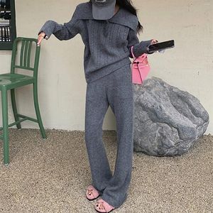 Women's Pants Fashion Casual Knitting Suit Autumn And Winter Loose Soft Waxy Pullover Sweater Wide-Leg Two-Piece Thick