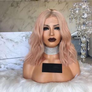 Wigs Smoke pink brown roots ombre lace frontal wig short bob synthetic lace front wigs peach pink water wave heat resistant fiber hair