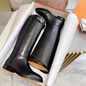 Nice Jumping leather Riding Knee-High boots Logo-tab Round toe Slip-on flat heels Chelsea Knight Booties luxury designer women Fashion shoes factory footwear