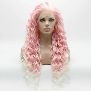 Wigs Iwona Hair Curly Long Pink Root White Ombre Wig 18#3100B/1001 Half Hand Tied Heat Resistant Synthetic Lace Front Wigs