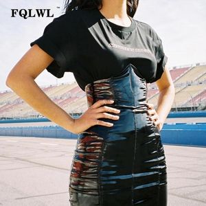 Fqlwl Faxu Latex Pu-Lederrock für Damen Reißverschluss Schwarz/Hohe Taille/Bleistiftröcke Damen Herbst Wickel Sexy Minirock Weiblich T-Shirt