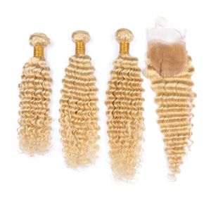 Trame Capelli umani biondi brasiliani 3 pacchi con chiusura # 613 Trame di capelli vergini ondulati biondi con onde profonde con chiusura in pizzo Pezzo 4x4