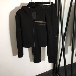 Kadınlar Suits Blazers İlkbahar/Yaz Kırmızı Etiket Kauçuk Deri Kapşonlu Fermuar Ceket+İş Giyim Cep Zayıflama Pantolon Seti
