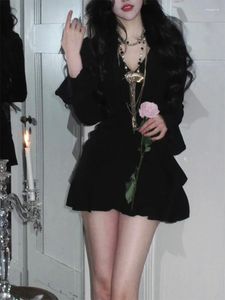 Casual Dresses Winter Vintage Elegant One Piece Dress Women Black Patchwork Y2K Mini Female Korean Fashion Party 2024