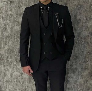 Herrdräkter blazrar svarta lyxiga mäns kostymer elegant smal passform manlig blazer topp lapel senaste tredelar (jacka+byxor+väst) Terno masculino kompletterande Q230103
