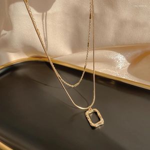 Anhänger Trendy Feine 14K Echt Gold Doppel Schicht Quadratische Kette Anhänger Halskette Für Frauen Temperament Koreanische Mode Schmuck Mädchen geschenk