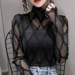 Hemden Herbst Winter Winter Korean High Collar Long Sleeve Mesh helle Seide Sexy Slim Basic Tops Frauen Mode elegante schicke Pullover T -Shirts