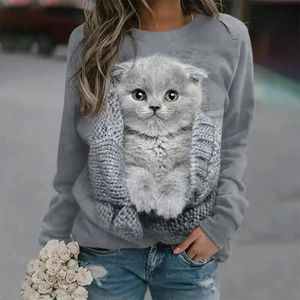 Kadınlar pamuk sweatshirt kazak uzun kollu dişi kedi grafik 3d baskı tişört sokak moda büyük boy kıyafetler 240102