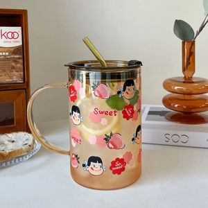 900 ml Kawaii Strawberry Glass Water Bottle Cute Coffee Mug Tumbler Portable Milk Tea Juice Cup With Lock Straw Drinkware 240102