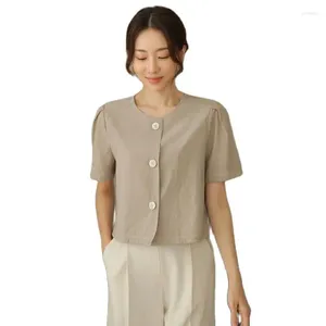 Kvinnors blusar Elegant Office Lady Korean Fashion Blus Kort ärmar Runda hals Straight Cut Thin Cotton Linen Women Tops