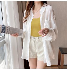 여성용 블라우스 아이스 실크 흰색 선 스크린 셔츠 긴 슬리브 2024 여름 다목적 가디건 얇은 코트 단순성 패션 의류