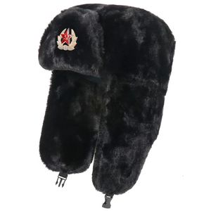 Homens Mulheres Exército Soviético Militar Emblema Rússia Bomber Chapéus Pilot Trapper Trooper Chapéu Inverno Faux Fur Earflap Ski Snow Caps Ushanka 240103