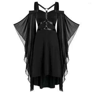 Sukienki swobodne seksowne pasy krzyżowe koronkowe patchwork czarna gotycka długa sukienka Plus Size Women Odzież 5xl Vintage Mesh Flare Rleeve Goth Punk