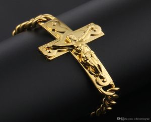 Mens Chain Bracelet Crucifix Jesus Link Chain Gold Color Stainless Steel Religious Jewelry High Quality Gift for Men6573348