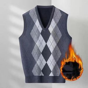 Men's Vests V-neck Sweater Vest Men Rhombus Print V Neck Sleeveless Warm Knitted Mid Length Pullover For Fall/winter