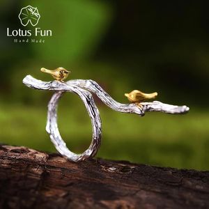 Caixas lotus fun real sterling sier original artesanal jóias finas anel ajustável pássaro de ouro no ramo anéis para mulheres bijoux