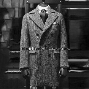 Bangle Herringbone Suits Jacket Men Grey Tweed Wool Blend Double Breasted Overcoat Military Long Trench Coat Smoking Blazer Custom Made