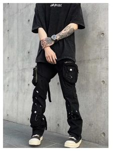 Jeans da uomo con cinturino da strada maculato Tasca per inchiostro Taglio stereoscopico Micro corno Pantaloni da lavoro Hip Hop High Punk Stacked Casual