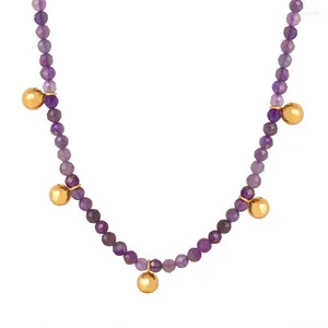 Choker ALLME Retro Purple Color Natural Stone Beaded Necklaces For Women Wholesale 18K Gold PVD Plated Titanium Steel Strand