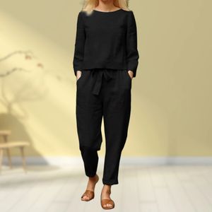 Bomullslinne Blus Långa byxor med Pocket Crew Neck Women Lounge Byxor Set Solid Colic Elastic Midje Dagliga kläder 240102