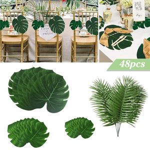 Flores decorativas 48/60 / 96Pcs Folhas de palmeira tropicais artificiais Folha falsa Selva Havaiana Decoração de mesa de festa selvagem para tema de praia Planta falsa