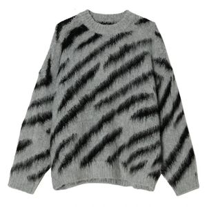 Zebra Stripe Wool Sweter Knit Zimowe męskie odzież skoczka na kółka Vintage Mohair luźne duże kobiety dzianiny 240103