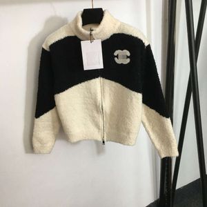 Women's Knits & Tees Back Letter Embroidery Flocking Black White Color Block Standing Neck Long Sleeve Zipper Knitted Cardigan