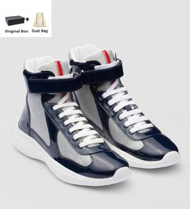 Luxury Man High-Top Americas Cup Trainer Shoes Bike Fabric Patent Leather Sneaker Platform Sole Mesh Breath Outdoor Wholesale Waking Mäns vandringssko med låda