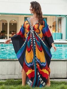 Kvinnors badkläder Butterfly Beach Dresses Tryckt Kaftans för kvinnor Kinesisk knut vinkade Elegant Maxi Holiday Bathing Suits Beachwear 2024 S