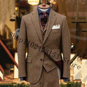 Men's Suits Vintage Herringbone 3 Pieces Formal Groom Wear Notched Lapel Two Buttons Male Wedding Tuxedos Trajes De Hombre