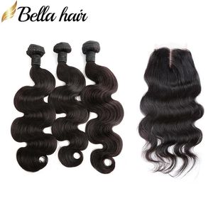 Wefts Bellahair hårbuntar med spetsstängning kroppsvåg hår weft förlängningar och toppstängning 4x4 gratis del 3st brasiliansk jungfru hår w