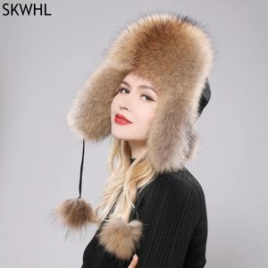 Mützen Neue 100% echte Fuchspelzmützen Damen Russische Uschanka Aviator Trapper Schnee Skimütze Mützen Ohrenklappen Winter Waschbärfell Bombermütze