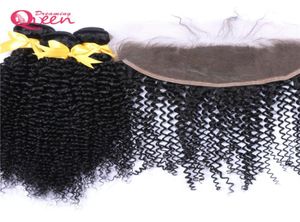 Монгольские кудрявые вьющиеся пучки волос с кружевной фронтальной застежкой, девственные человеческие волосы, 3 пучка с предварительно выщипанными отбеленными узлами, фронтальная 9895797