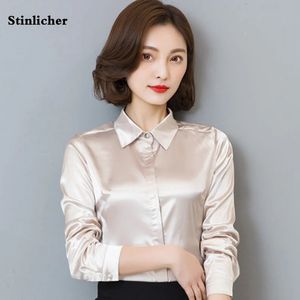 Stinlicher Satin Silk Shirt Women Spring Autumn Long Sleeve Elegant Work Wear Tops Korean Fashion White Blue Black Blus 240102