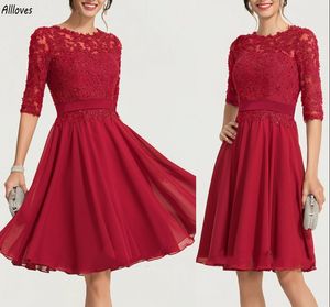 Red Chiffon Mother Of The Bride Groom Dresses With Half Sleeves Sequins Beaded Lace Appliques A Line Short Prom Party Gowns O-neck Knee Length Women Formal Wear CL3148