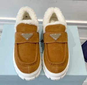 Tan Woman Loafers Casual Sneaker Shoes Brushs Platform Casual Style unisex päls vanligt läder grå khaki svart mocka läder ull varm kil